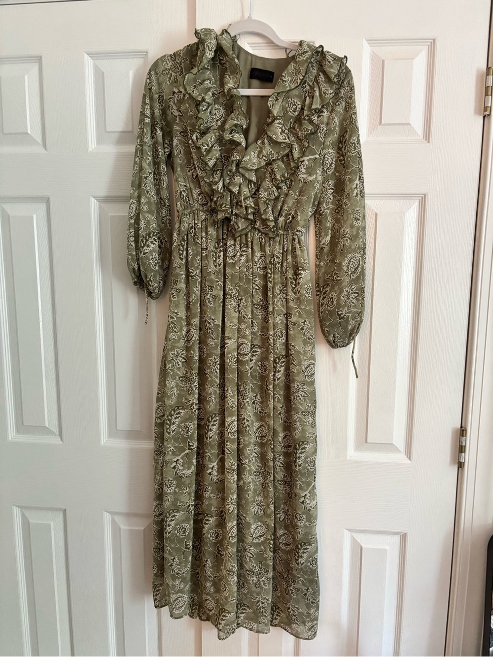Zara Olive Green Ruffled Floral Maxi Dress